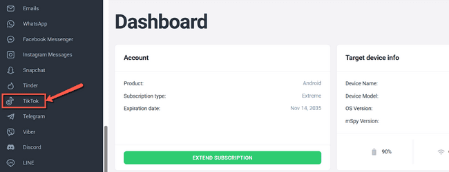 mSpy dashboard TikTok right-hand side menu