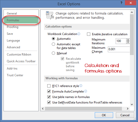 Settings for Formulas