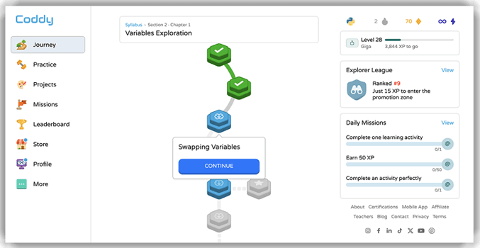 Linked list implementation exercise and test output in Coddy