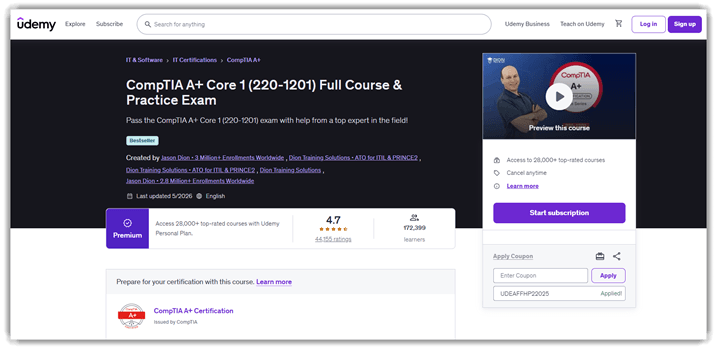 CompTIA A+ Core 1 (220-1201) Cours complet et examen blanc