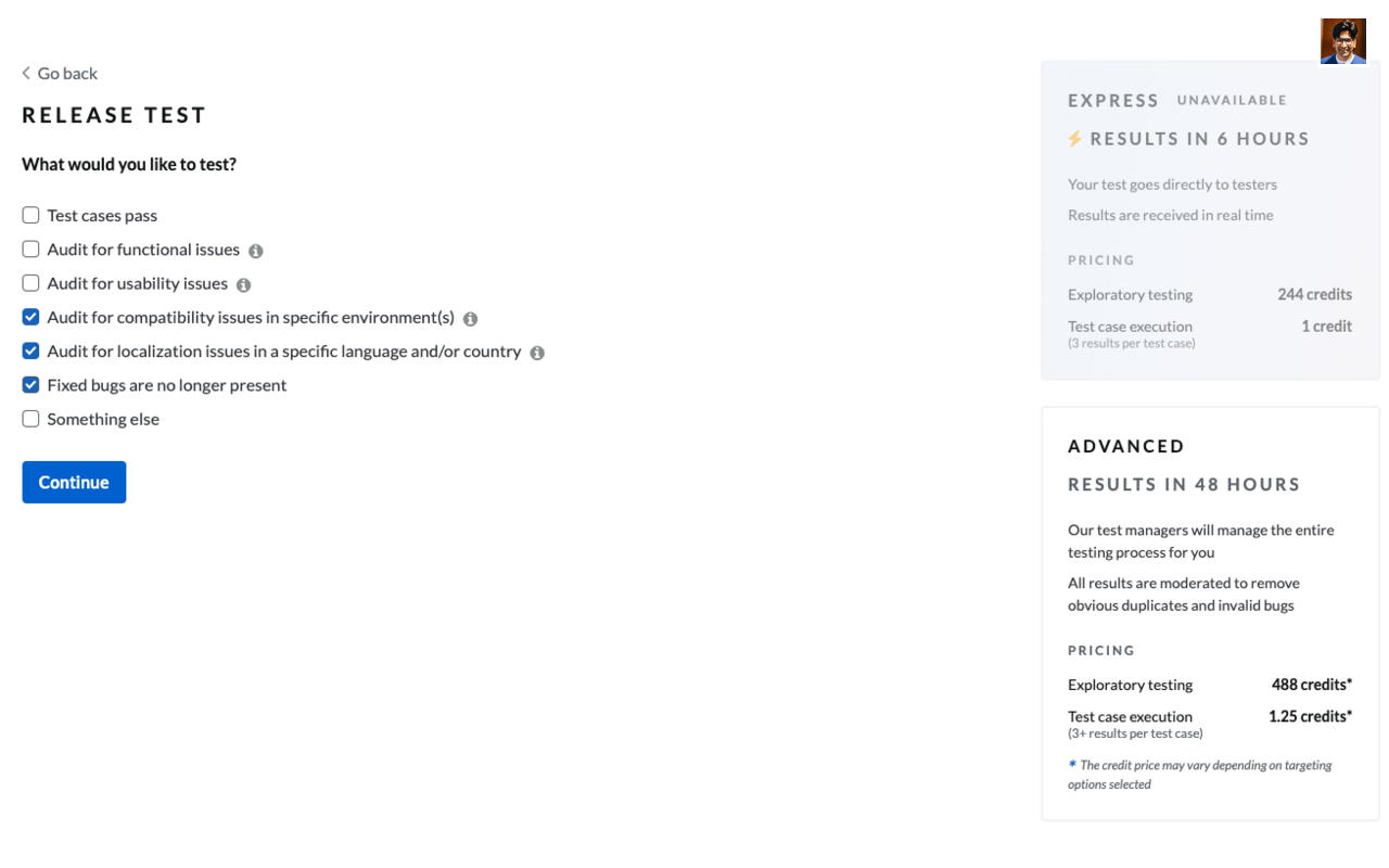 Global App Testing dashboard