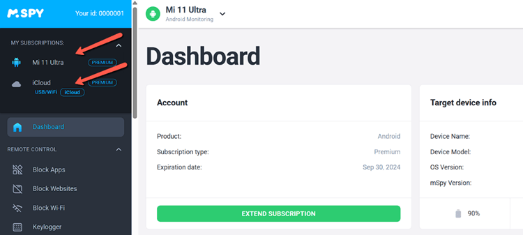 mSpy website and plans