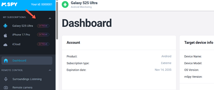 mSpy add device to sync data