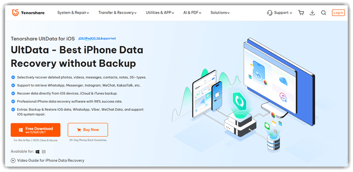 Интерфейс программного обеспечения для восстановления видео Tenorshare UltData