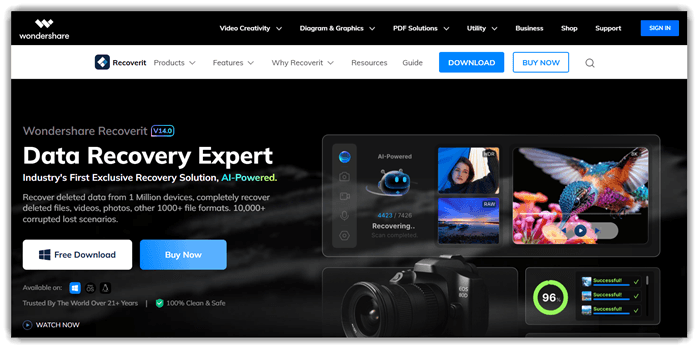 Интерфейс программного обеспечения Wondershare Recoverit Video Recovery