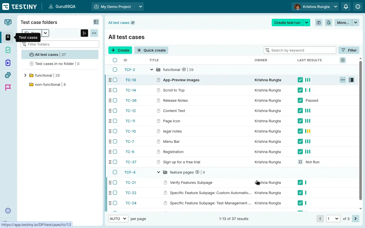 Testiny dashboard